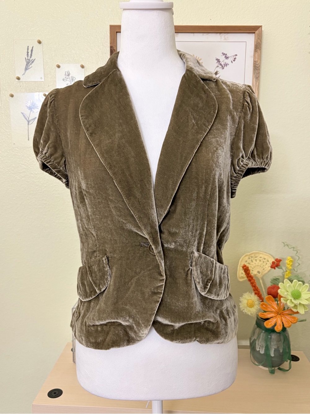 BCBG Silk Blend Velvet Short Puff Sleeve Blazer Y2K Indie Sleaze Twee S